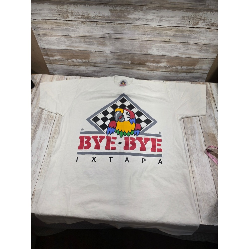 Vintage Bye-Bye Ixtapa Mexico Parrot Graphic T-Shirt White Single Stitch Medium